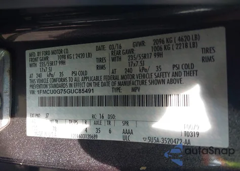 2016 Ford Escape Se из США, поврежденный, VIN 1FMCU0G75GUC85491